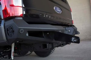Ford F-250 Rear Bumper - Addictive Desert Designs - HoneyBadger with Lockable Tool Boxes, Backup Sensor Cutouts, and D-Ring Clevis Mounts - Hammer Black and Satin Black - `17-`27 Ford F-250 Rear Bumper - Addictive Desert Designs - HoneyBadger with Lockable Tool Boxes, Backup Sensor Cutouts, and D-Ring Clevis Mounts - Hammer Black and Satin Black - `17-`27